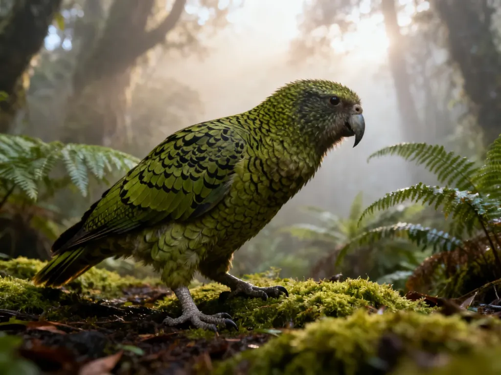 Kakapo, nielotna papuga o oliwkowym upierzeniu, stojąca na mszystym podłożu w nowozelandzkim lesie deszczowym.