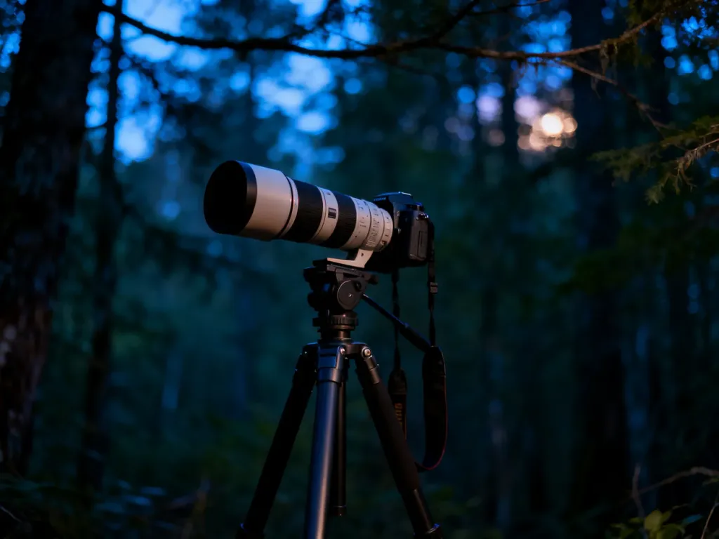 Profesjonalny zestaw fotograficzny z teleobiektywem na statywie, przygotowany do zdjęć ptaków w mrocznym, leśnym otoczeniu.