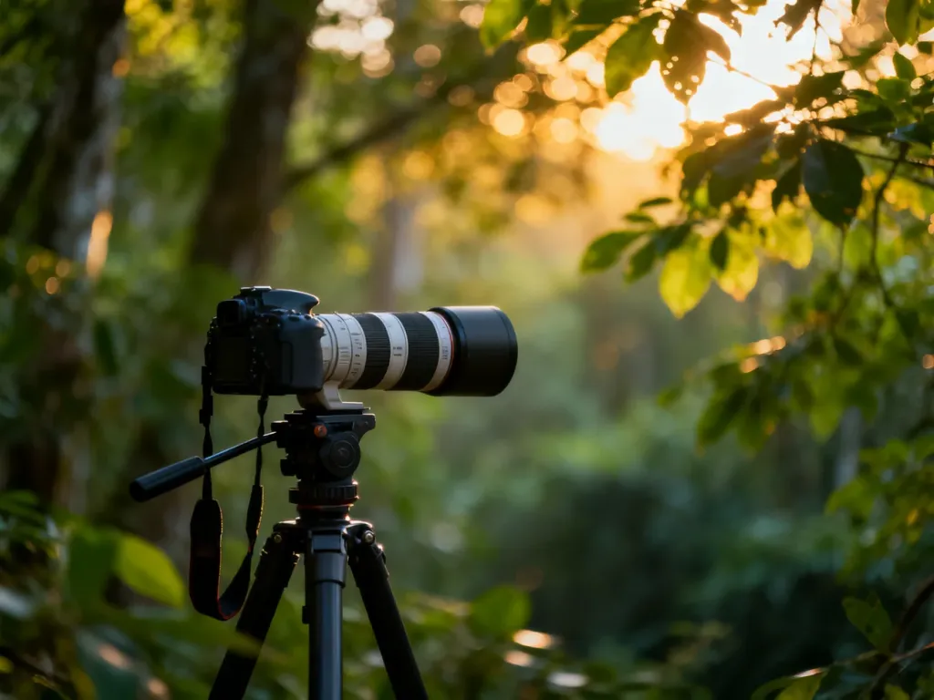 Profesjonalny aparat z teleobiektywem na statywie w lesie, gotowy do fotografowania ptaków w naturalnym świetle.