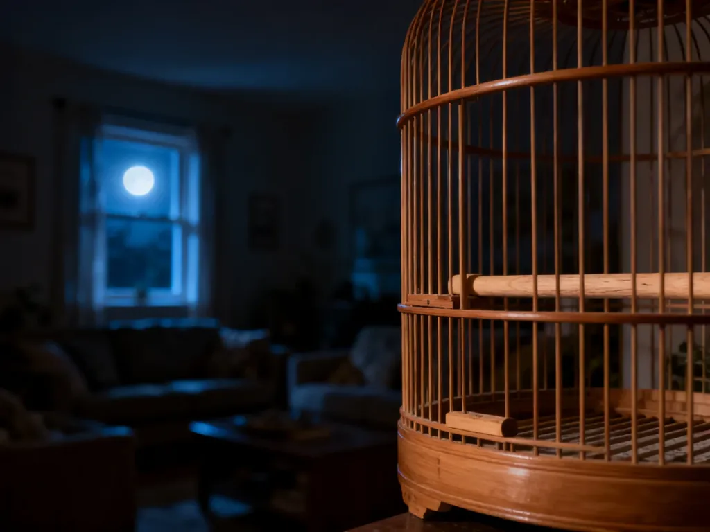 Pusta drewniana żerdź w klatce dla papug oświetlona nocnym światłem księżyca, podkreślająca spokój panujący w domu.