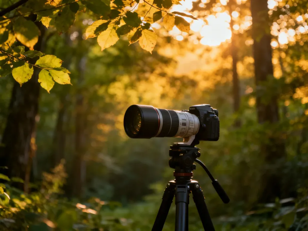 Profesjonalny teleobiektyw na statywie ustawiony w leśnej polanie podczas złotej godziny, gotowy do fotografowania ptaków.