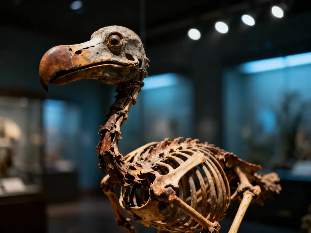 Szkielet ptaka dodo wyeksponowany w muzeum historii naturalnej, ukazujący szczegółową budowę wymarłego gatunku.