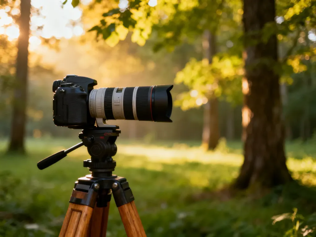Profesjonalny aparat z teleobiektywem na statywie w lesie, gotowy do fotografowania dzikich ptaków.