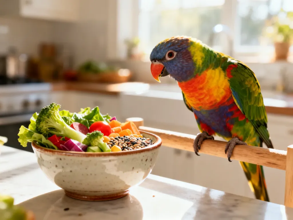 Kolorowa papuga przyglądająca się misce ze świeżymi warzywami i ziarnami w słonecznej kuchni.