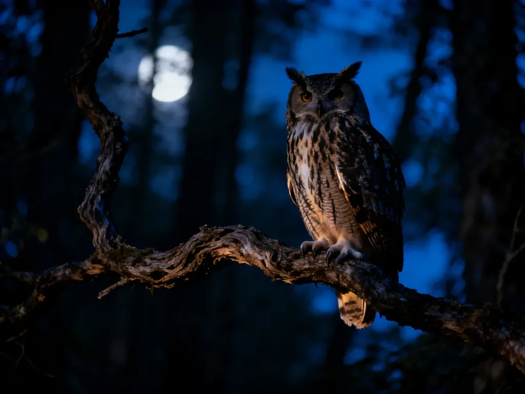Sowa siedząca na gałęzi drzewa w świetle księżyca, ilustrująca fotografię nocną ptaków w ich naturalnym środowisku.