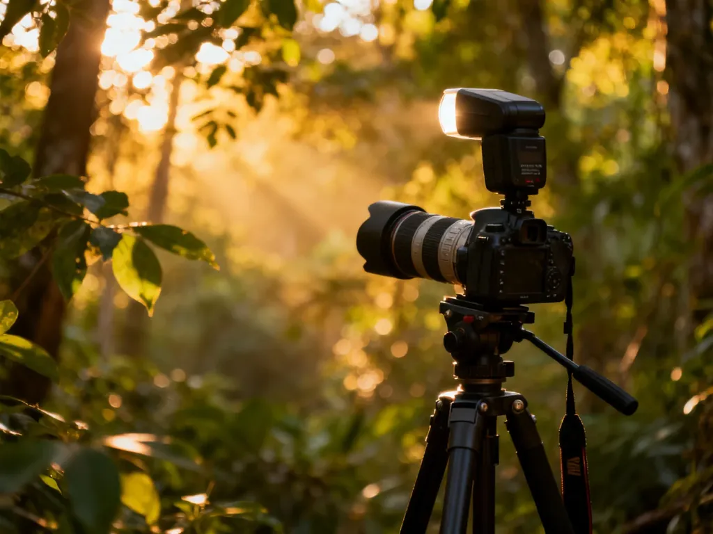 Profesjonalny zestaw fotograficzny z lampą błyskową na statywie w lesie podczas złotej godziny.