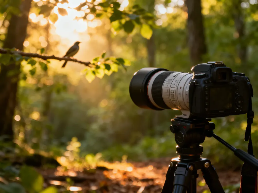 Profesjonalny teleobiektyw na statywie w lesie, przygotowany do fotografowania ptaków w miękkim świetle poranka.
