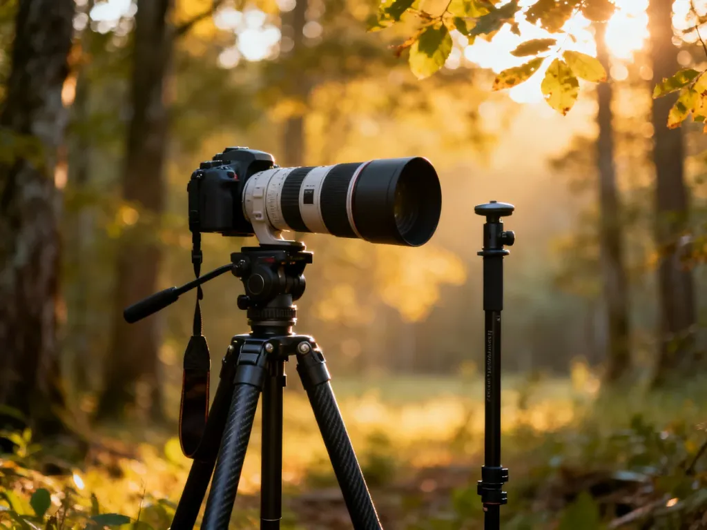 Profesjonalny zestaw fotograficzny z teleobiektywem na statywie i monopodzie w leśnym otoczeniu, gotowy do fotografowania ptaków.