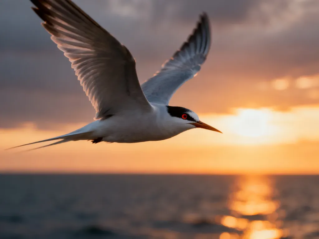 Rybitwa popielata lecąca na tle zachodzącego słońca nad oceanem, symbolizująca dalekie trasy ptasich migracji.