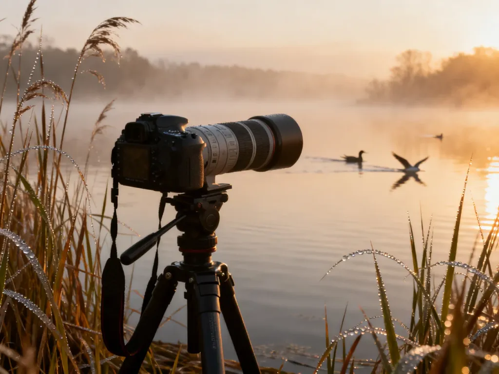 Profesjonalny aparat z teleobiektywem na statywie nad zamglonym jeziorem o wschodzie słońca, przygotowany do fotografii ptaków.