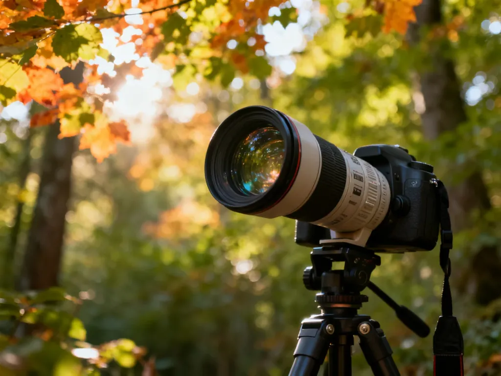 Profesjonalny aparat z teleobiektywem na statywie w lesie, gotowy do fotografowania ptaków w naturalnym świetle.