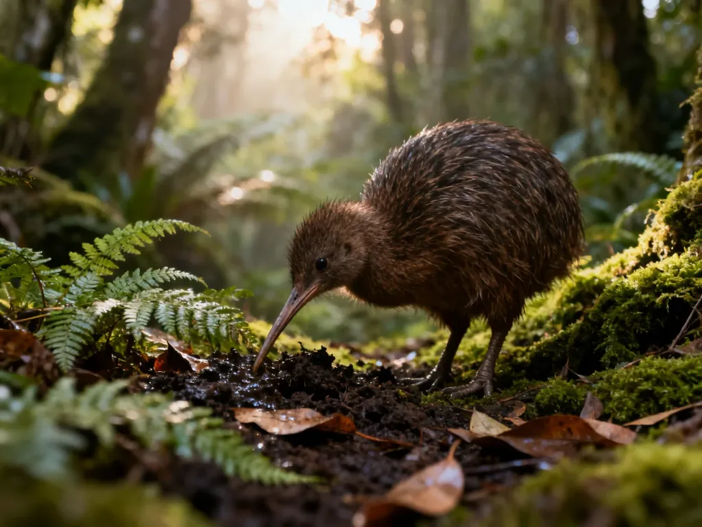 Kiwi żerujący w poszukiwaniu pokarmu na wilgotnym, leśnym podłożu w Nowej Zelandii.