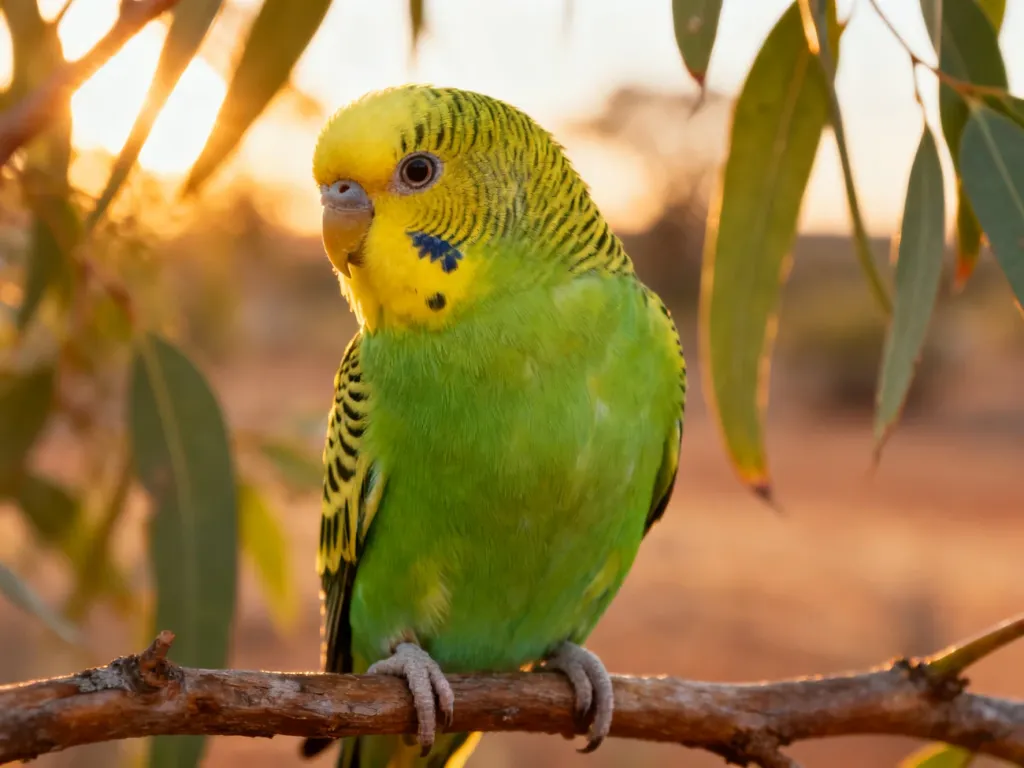 Papużka falista o zielono-żółtym upierzeniu siedząca na gałęzi eukaliptusa w naturalnym australijskim krajobrazie.