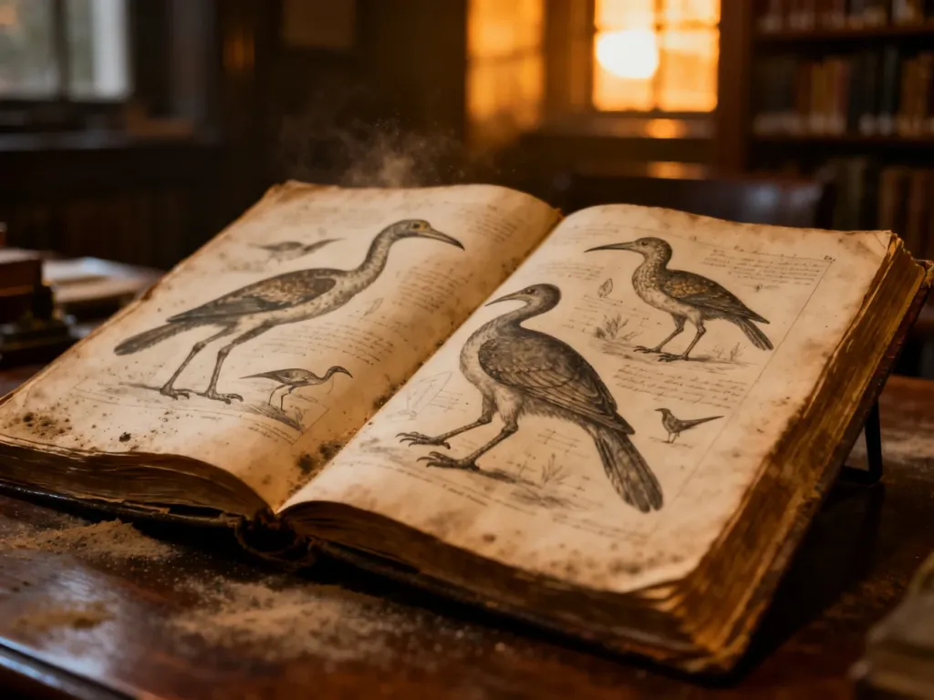 Otwarty, zakurzony szkicownik ornitologiczny z ilustracjami wymarłych gatunków ptaków na drewnianym biurku w bibliotece.